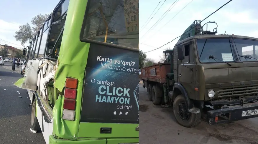Toshkentda 15 yoshli haydovchi “Kamaz”da avtobusni urib ketdi. Jabrlanganlar bor
