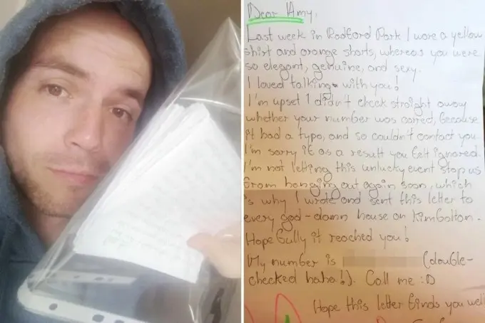 Oshiq yigit bog‘da tanishgan qizi bilan bog‘lana olmay, u yashaydigan ko‘chadagi hamma uyga qo‘lda yozgan 100 ta xatini yopishtirib chiqdi