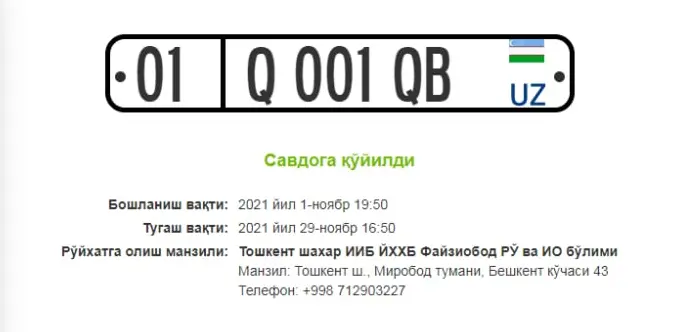 Onlayn auksionda 01 Q 001 QB avtomobil raqami qariyb 5 ming dollarga sotildi