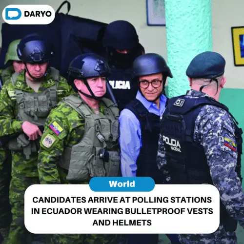 Candidates arrive at polling stations in Ecuador wearing bulletproof vests and helmets