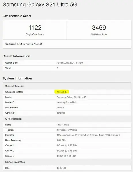Internetda Android 12 da ishlayotgan Samsung Galaxy S21 Ultra’ga oid ma’lumotlar paydo bo‘ldi