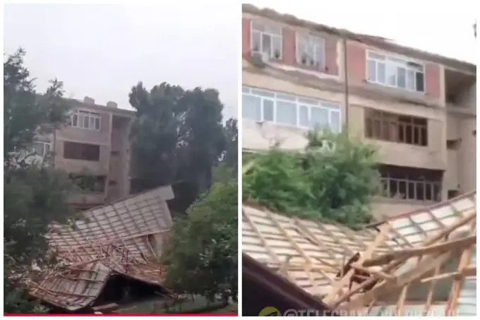 Bo‘stonliqda kuchli shamol oqibatida “dom”lardan birining tomi uchib ketdi (video)