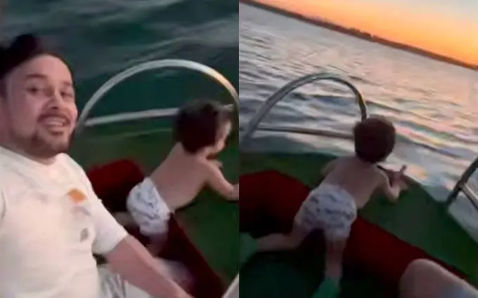 Jasur Umirov yosh bolasi bilan katerda xavfsizlik qoidalarini buzib harakatlandi